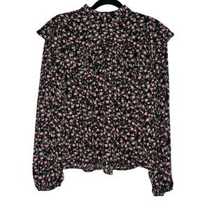 WAYF Floral Print Long Sleeve Blouse M 100% Polyester Black